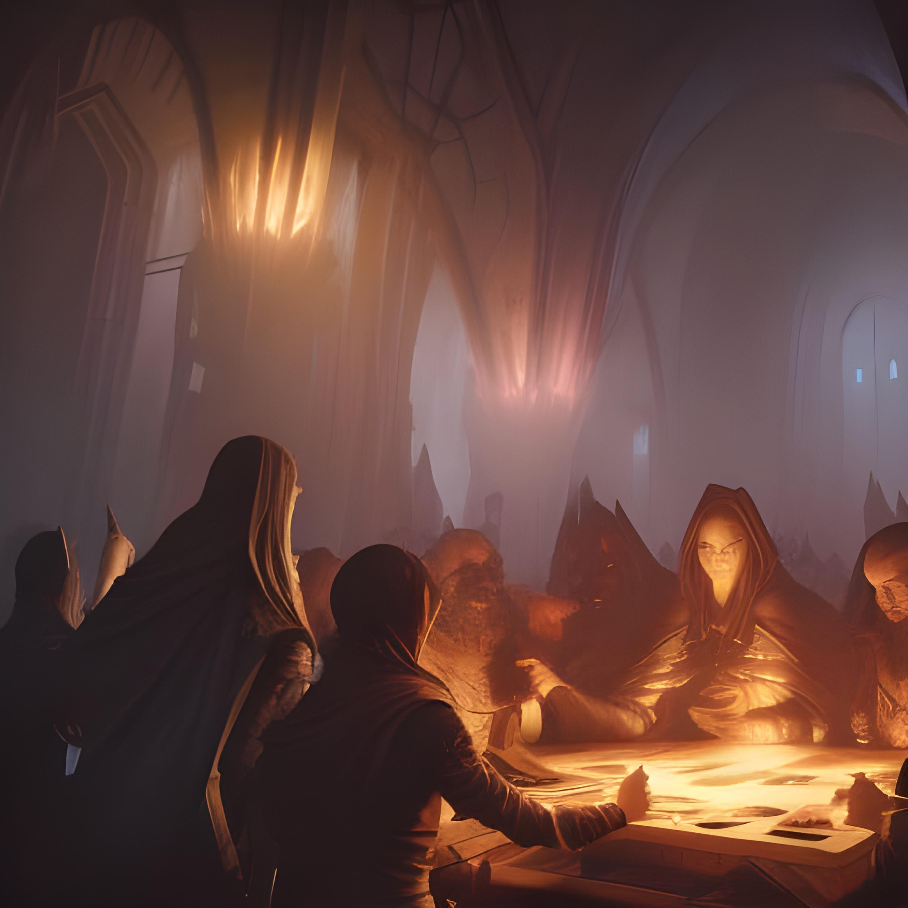 Several elves, mages goblins and orcs playing Magic: The Gathering at a tavern.