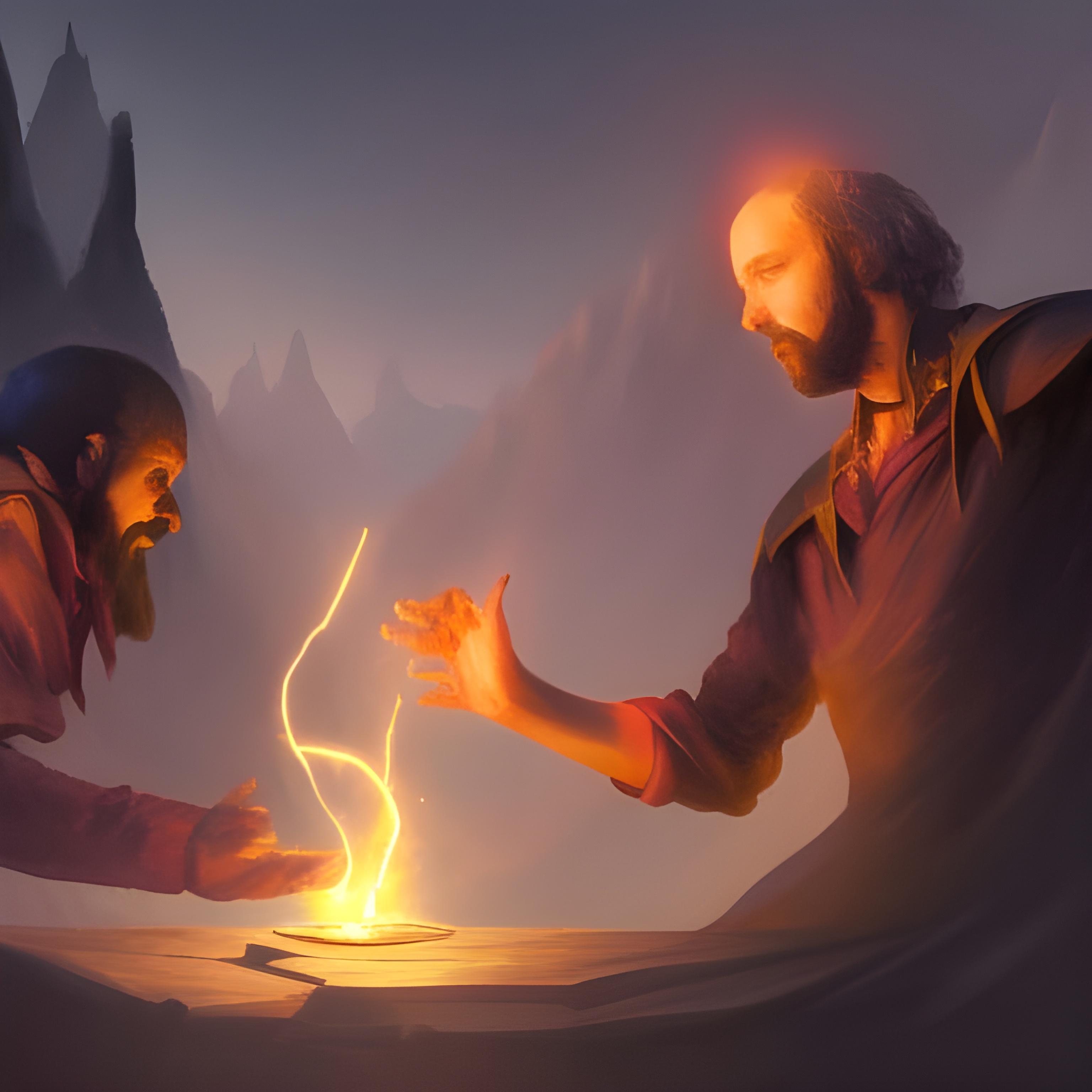 A seasoned planeswalker teaching his apprentice how to cast a magic spell