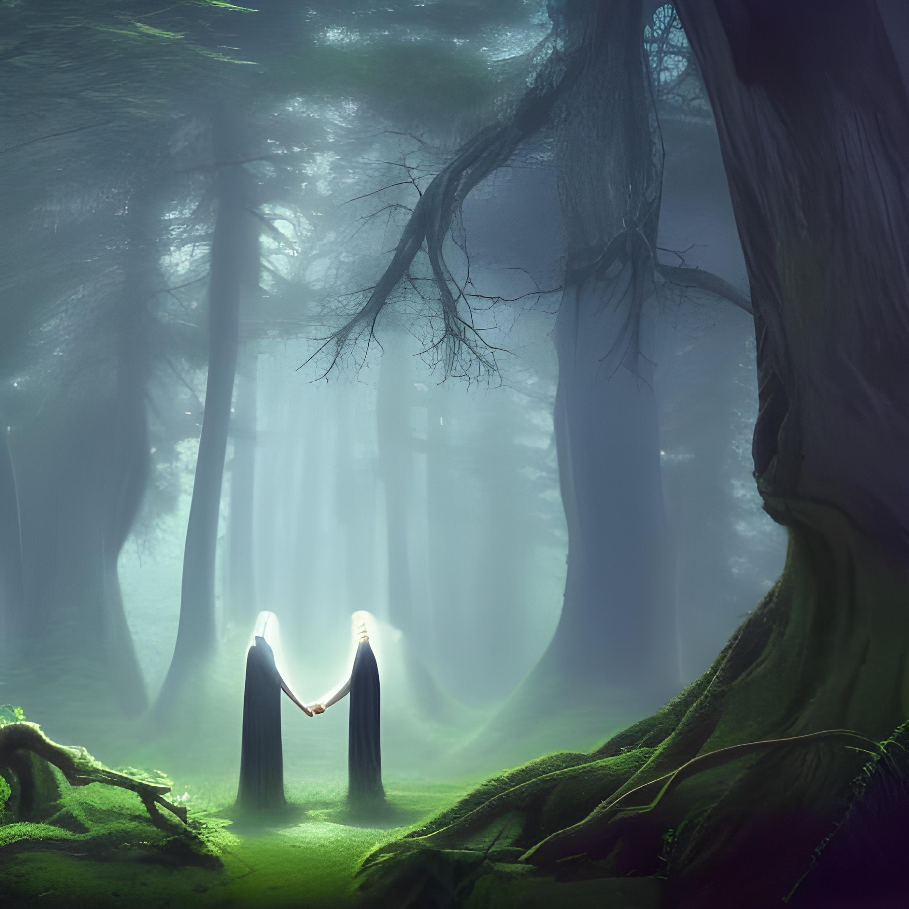 In a mystical forest, a seasoned mentor supports their apprentice with guidance and protection, surrounded by ethereal light and the awe-inspiring beauty of ancient trees and swirling symbols.